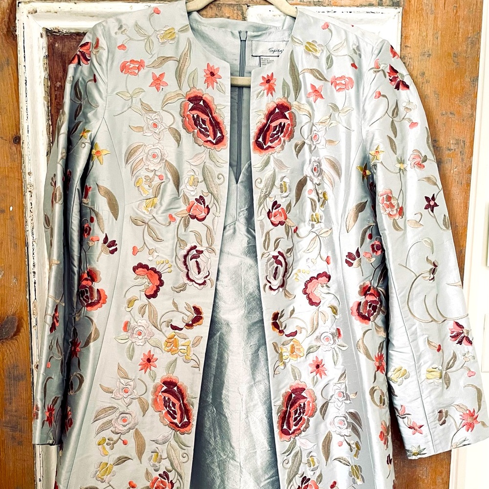 2PC Ice Blue Silk Emboridered Coat & Dress Set Size 8